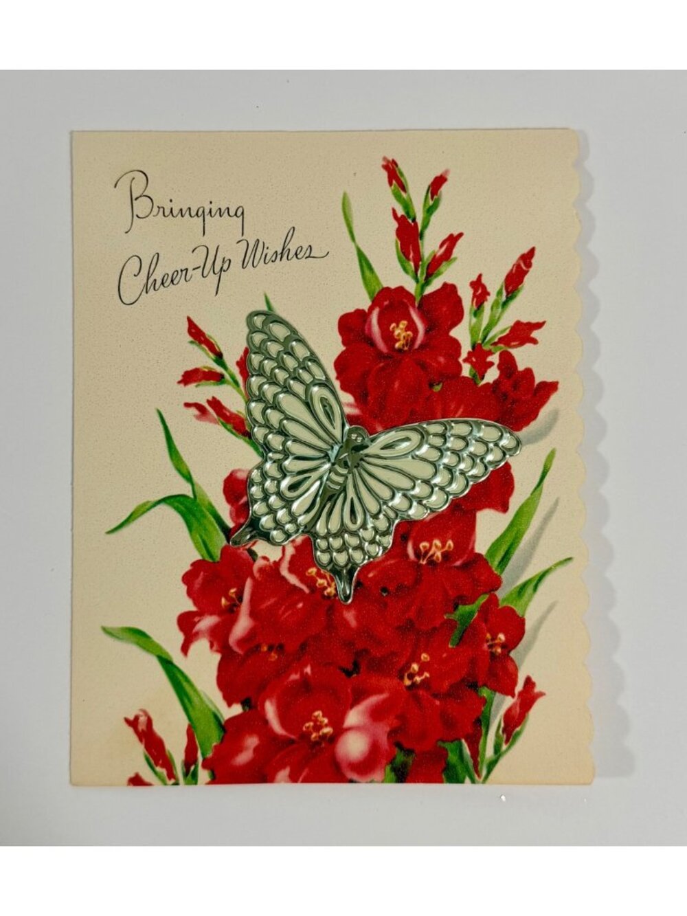 Vintage Greeting Card Silver Butterfly & Red Gladiolus Flowers Bringing Cheer-Up